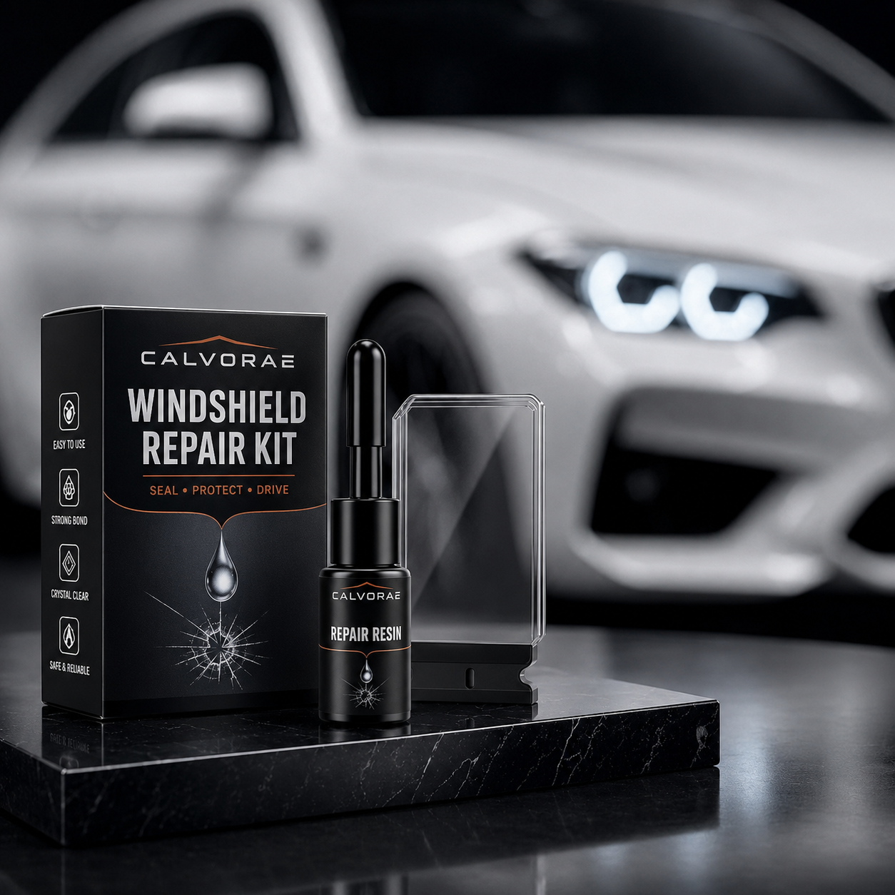 CALVORAE windshield repair kit in front of a white car