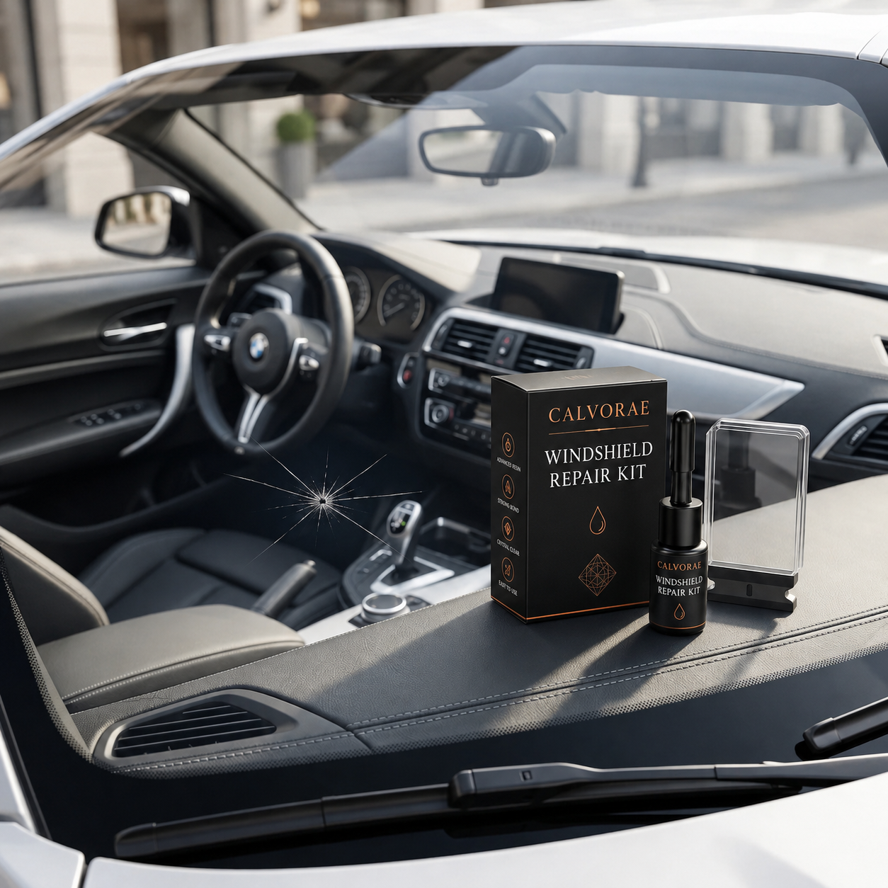 CALVORAE windshield repair kit displayed inside a vehicle